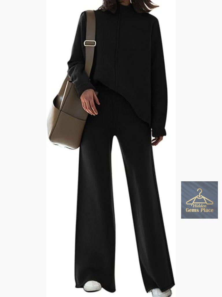 Long Sleeve Turtleneck Sweater Set With Wide Leg Pants Lounge Outfit